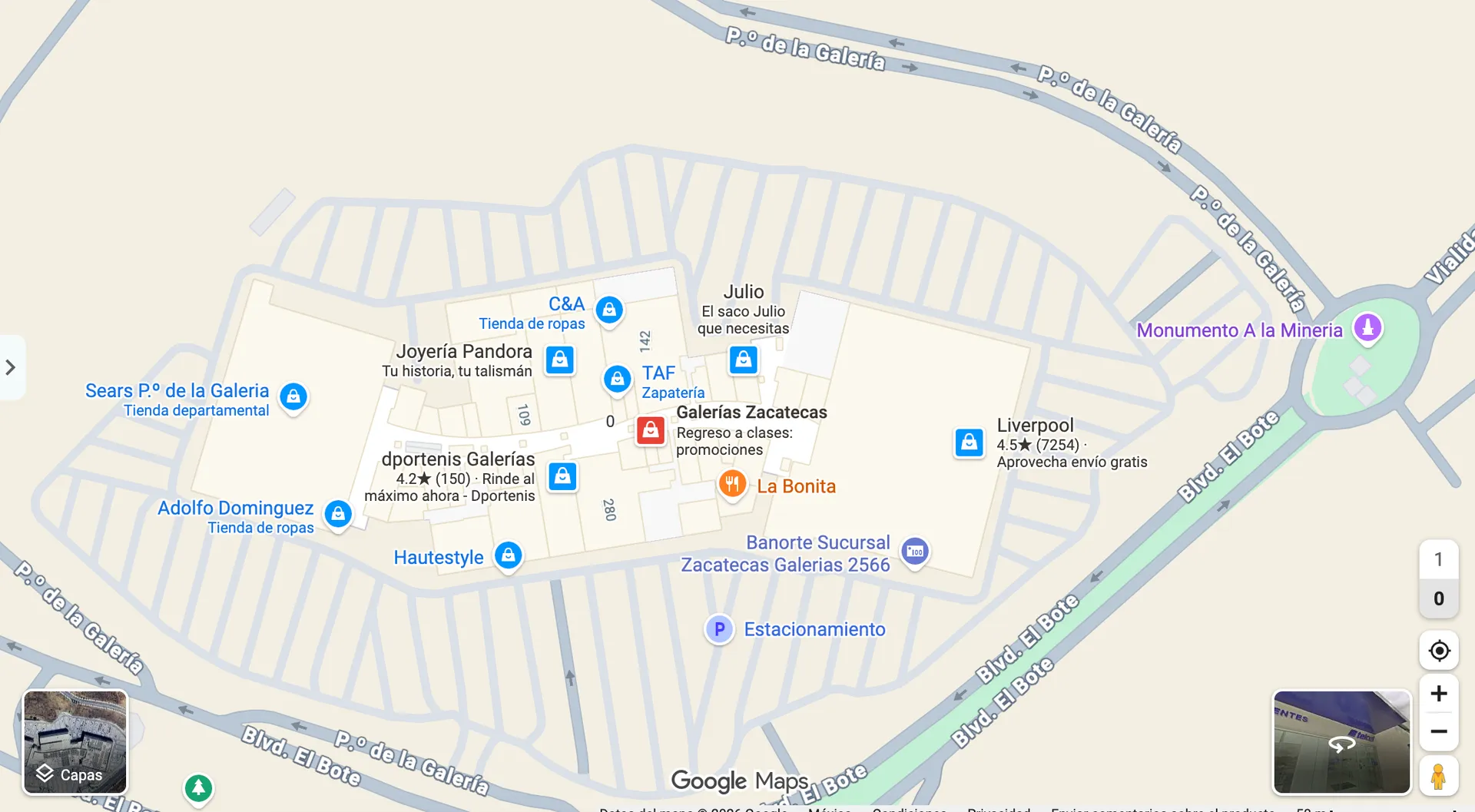 Mapa de Ciudad Argentum en la zona de Galerías, Zacatecas