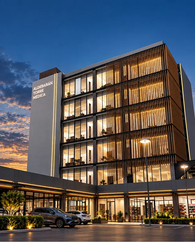 Fachada de Torre Medica Aldebaran al anochecer