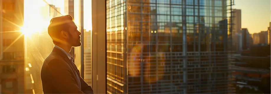 Inversionista observando la ciudad al atardecer